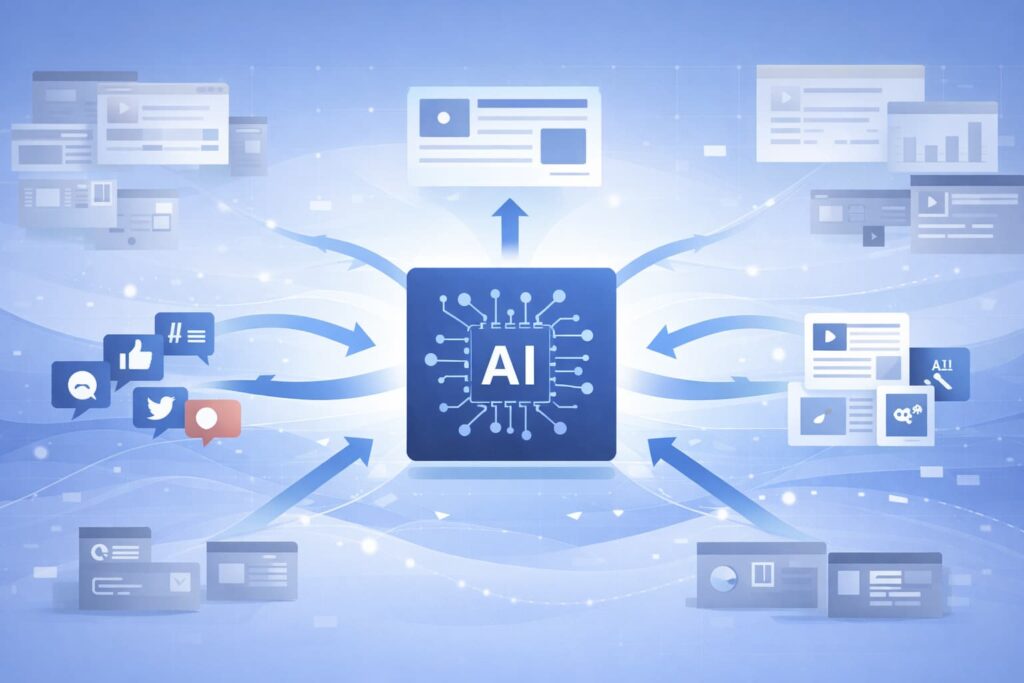 BrandJet AI Content Monitoring visual highlighting integrated AI insights from social media, web content, and digital platforms