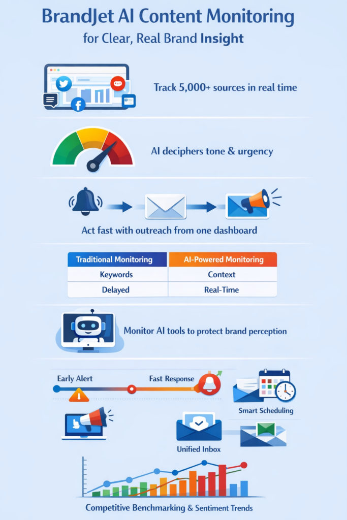 BrandJet AI Content Monitoring overview showing real-time tracking, sentiment analysis, outreach, and competitive benchmarking