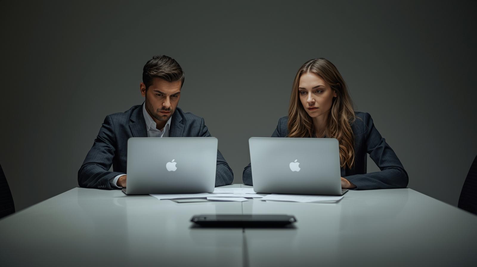 Business professionals engaged in Legal & PR Coordination meeting with laptops for crisis management planning