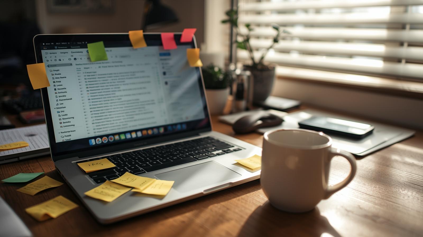 Workspace with laptop showing organized Response Templates system with sticky notes for task management