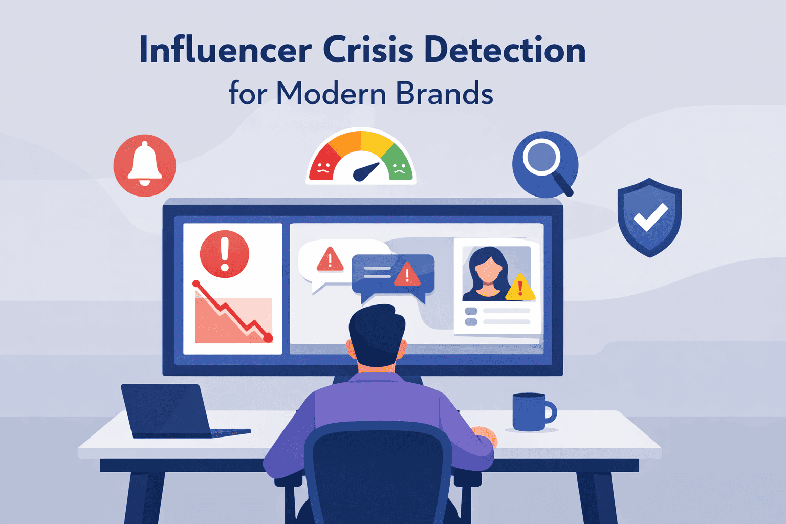 An illustration of a person at a computer monitor displaying data charts and social media alerts labeled "Influencer Crisis Detection."