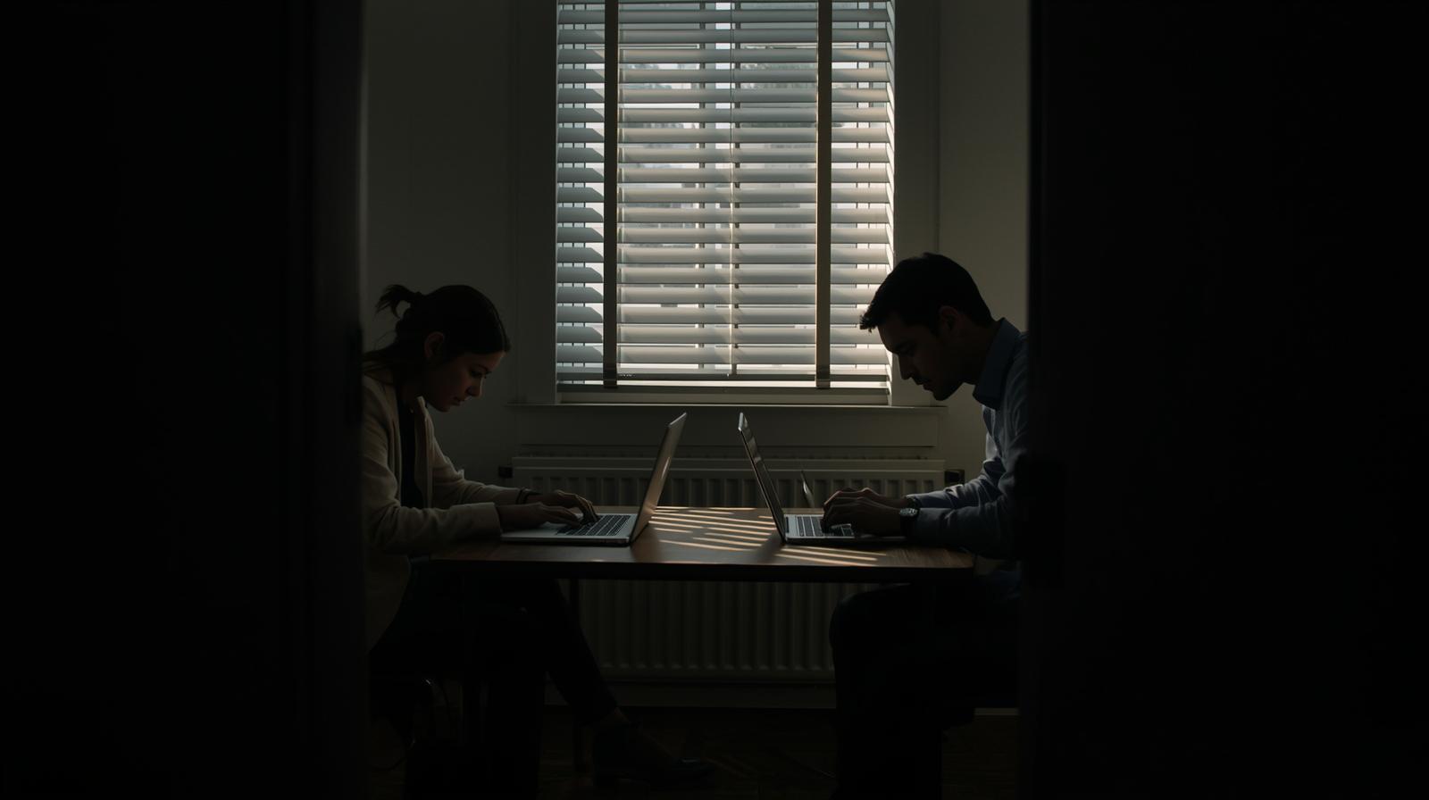 Two professionals working at laptops to coordinate PR and legal during crisis in dimly lit office space