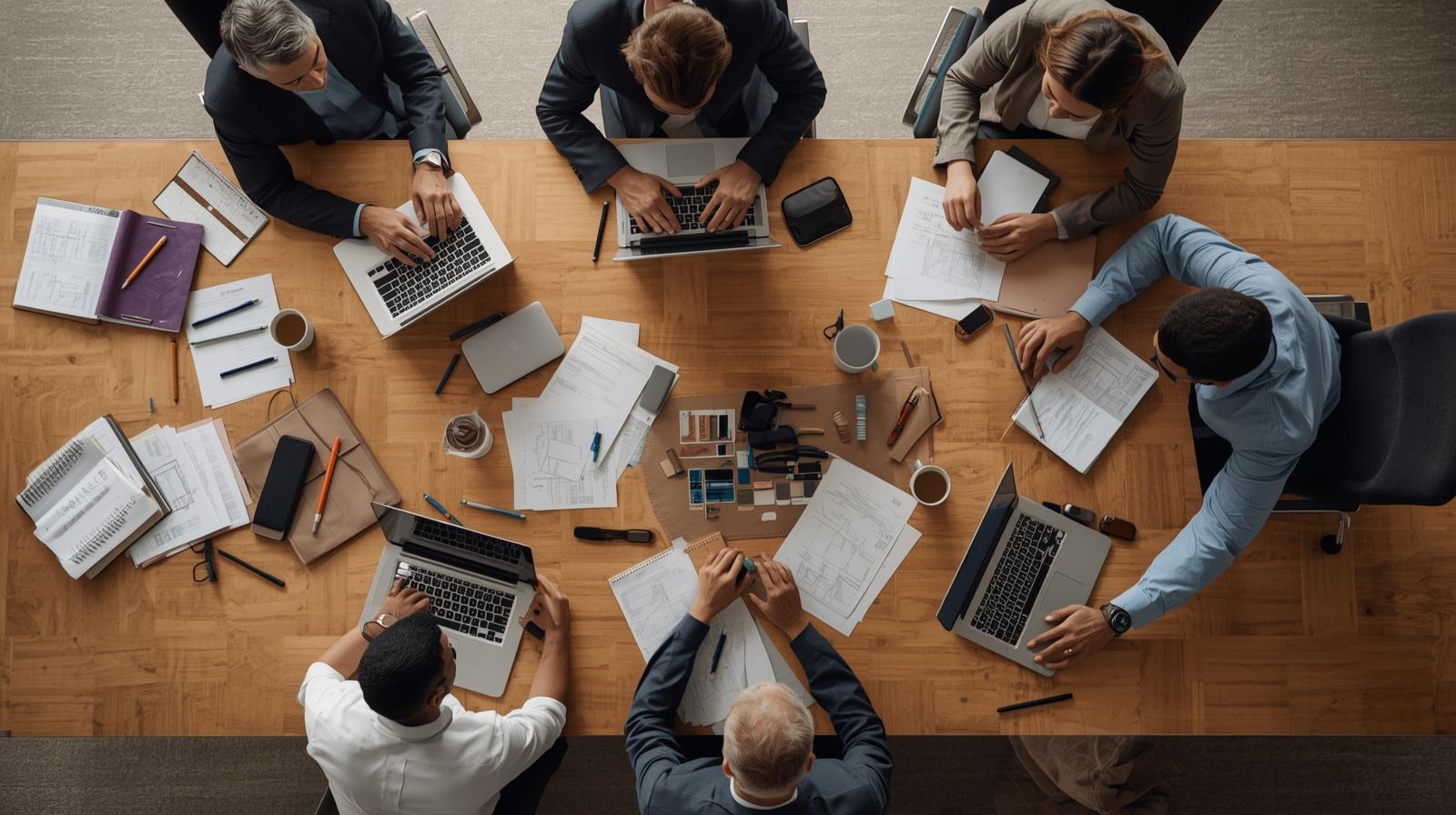 Diverse team working around a large table with laptops and documents collaborating on a crisis recovery content strategy