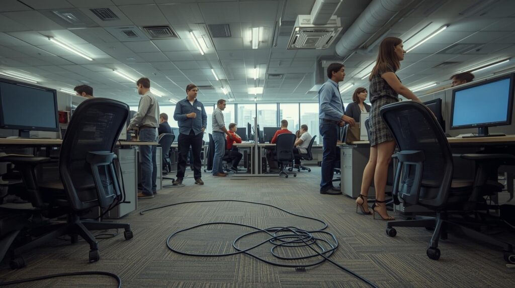 Busy IT operations floor where staff utilize real-time escalation dashboard for coordinated incident response