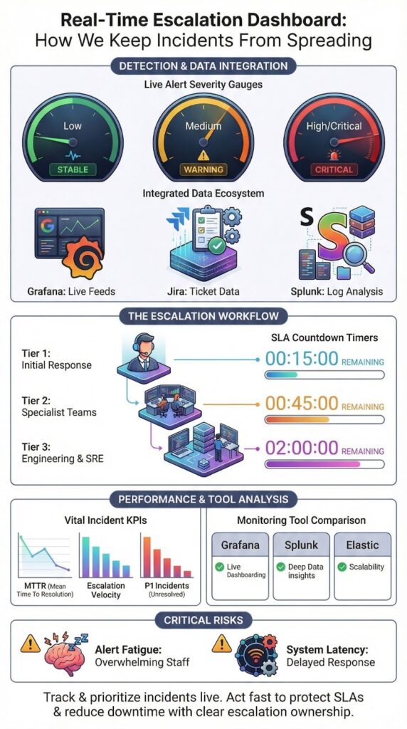 Comprehensive real-time escalation dashboard infographic showing severity gauges, workflow tiers, and KPI tracking