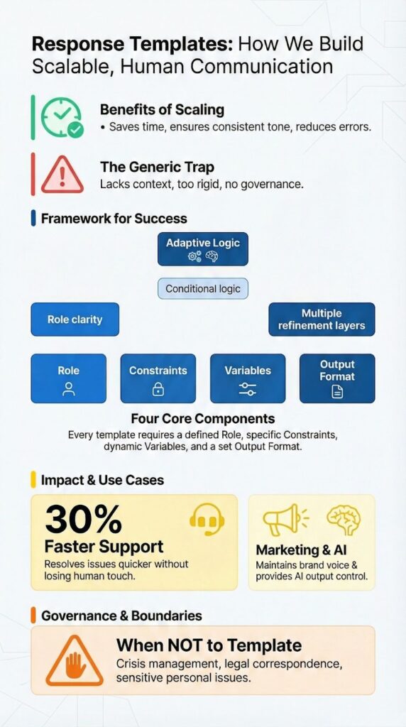 Infographic explaining Response Templates framework for scalable communication with benefits and core components