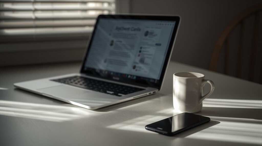 Professional workspace for drafting brand apology template examples with laptop and communication devices