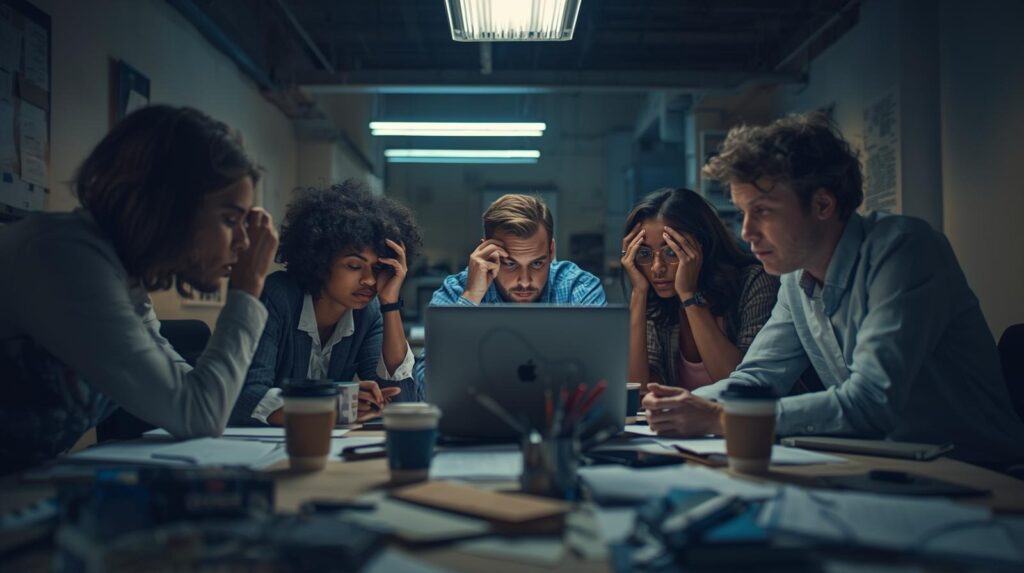 Crisis management team developing brand apology template examples during late-night strategy session