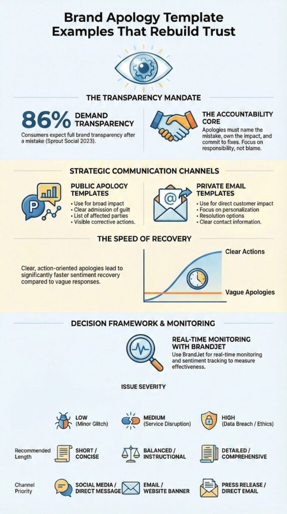 Brand apology template examples infographic showing transparency mandates and accountability frameworks
