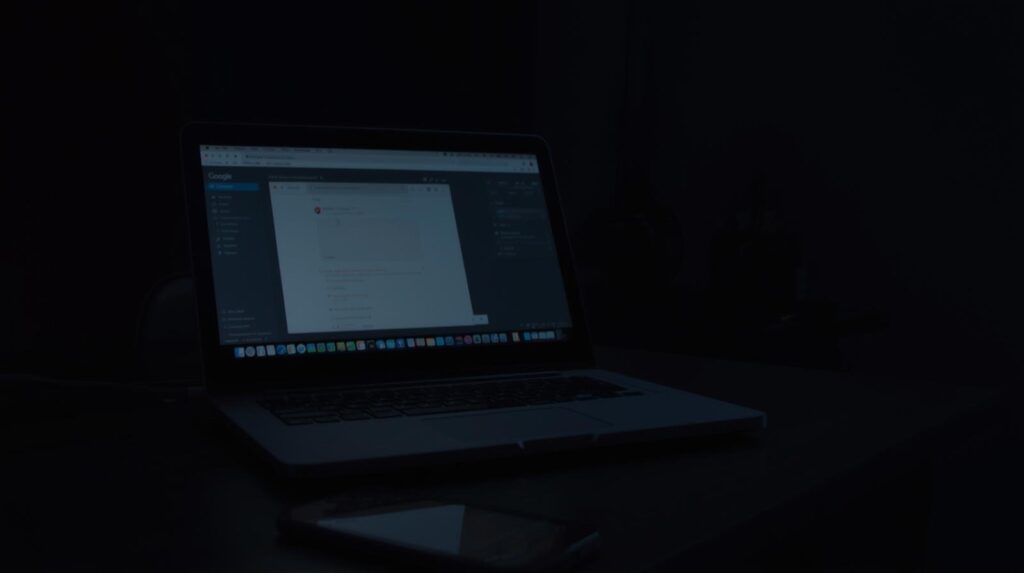 Laptop screen showing Legal & PR Coordination workflow in darkened office during crisis response preparation