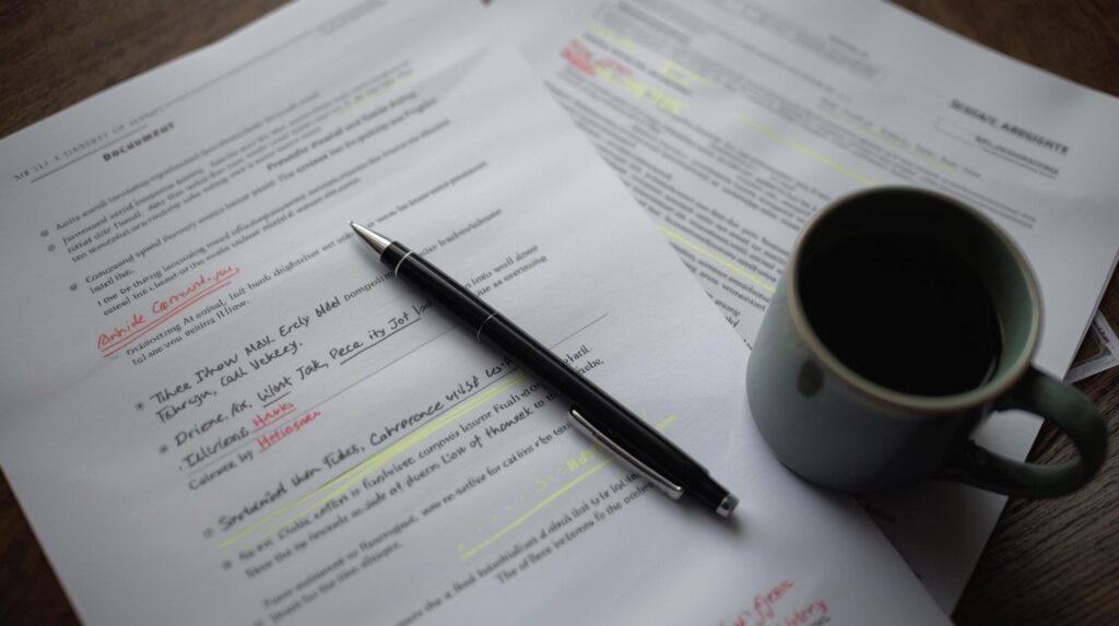 Annotated documents and coffee for Legal & PR Coordination review with highlighted compliance notes and pen