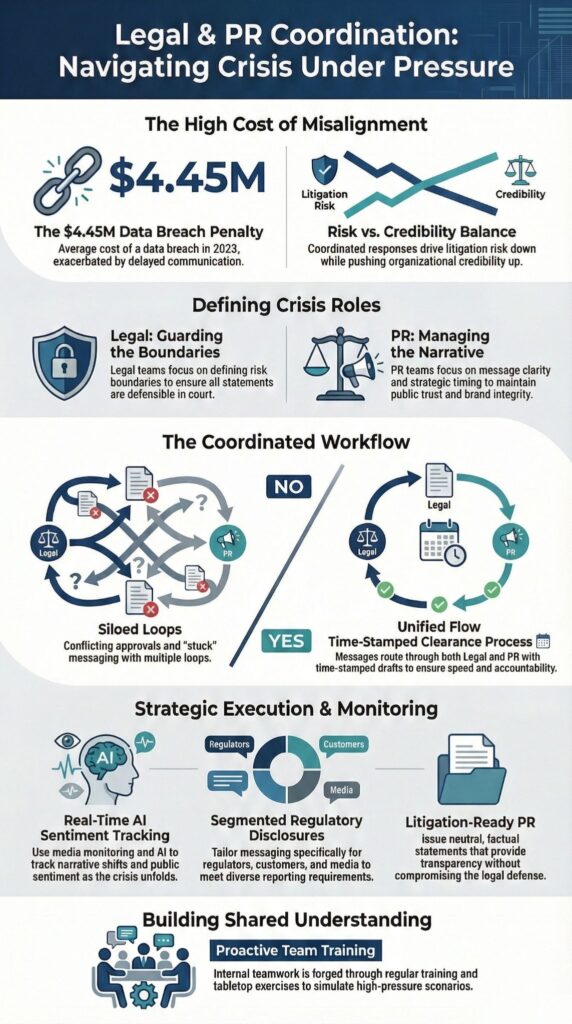 Infographic displaying Legal & PR Coordination strategies for managing crisis communication and regulatory compliance