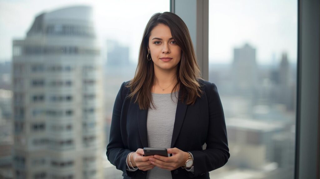 Professional prepared to coordinate PR and legal during crisis holding phone in corporate office setting