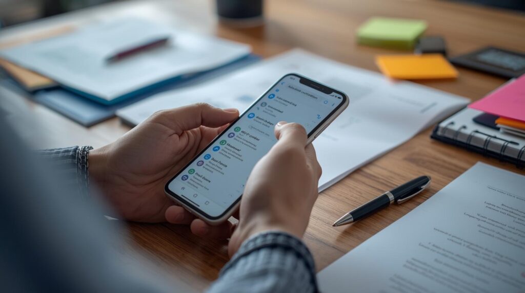 Mobile device showing task list to coordinate PR and legal during crisis with documents and notes on desk