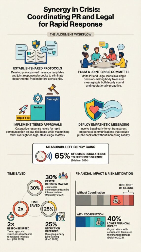 Infographic on how to coordinate PR and legal during crisis with workflow strategies and efficiency metrics