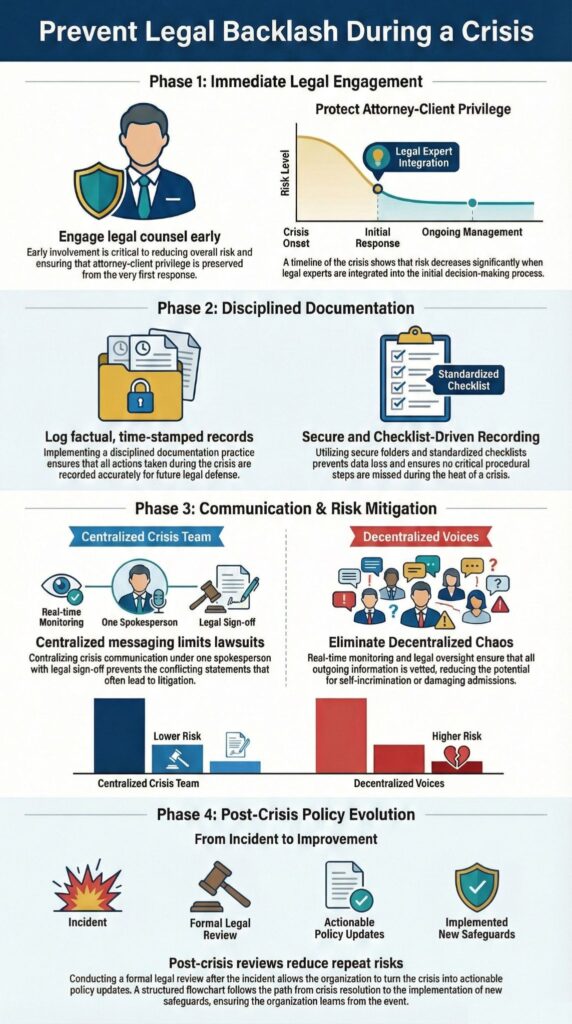 Infographic showing four-phase strategy to prevent legal backlash during crisis with documentation and communication tips