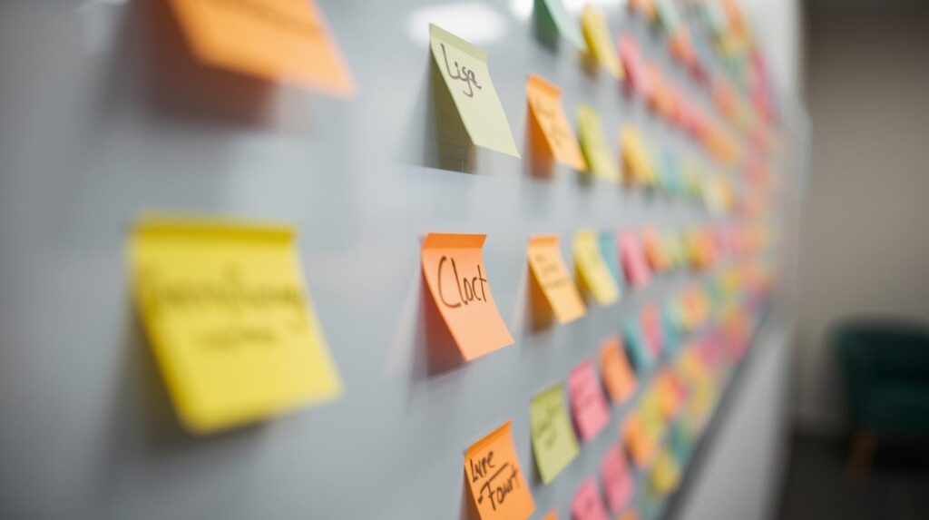 Colorful sticky notes on wall for organizing crisis legal team workflow guide tasks and priorities during response
