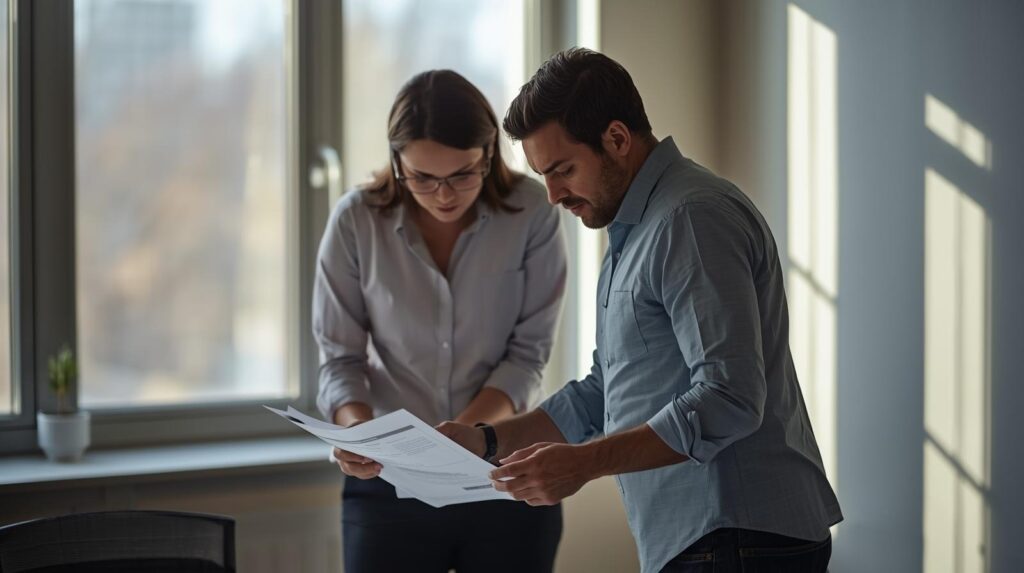 Two professionals reviewing documents following crisis legal team workflow guide procedures in office setting