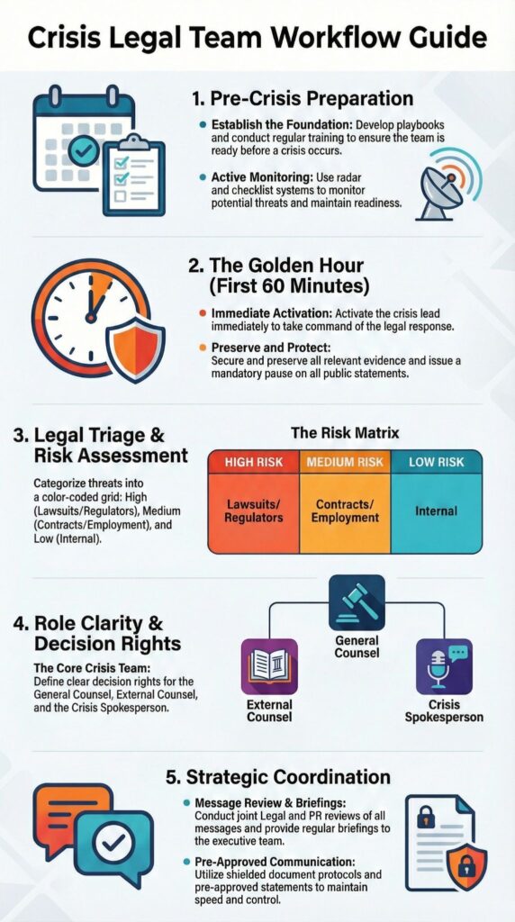 Infographic showing crisis legal team workflow guide with five phases from preparation to strategic coordination