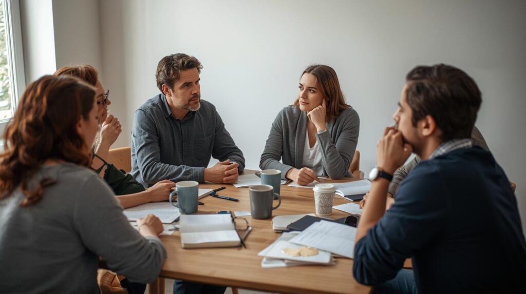 Team meeting discussing Post-Crisis Recovery strategies and action plans around conference table with documents