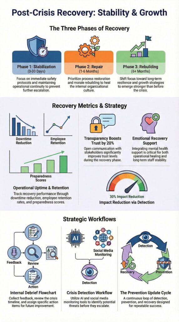 Infographic outlining Post-Crisis Recovery phases with stabilization, repair, and rebuilding strategies and metrics