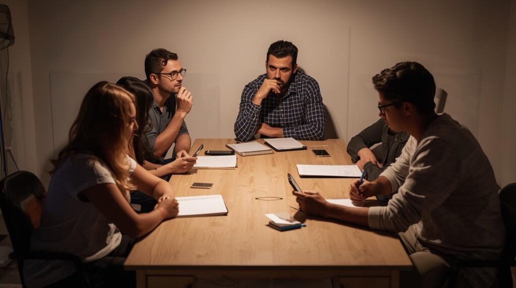 Team discussing crisis recovery timeline examples during strategic planning meeting with notebooks and documents
