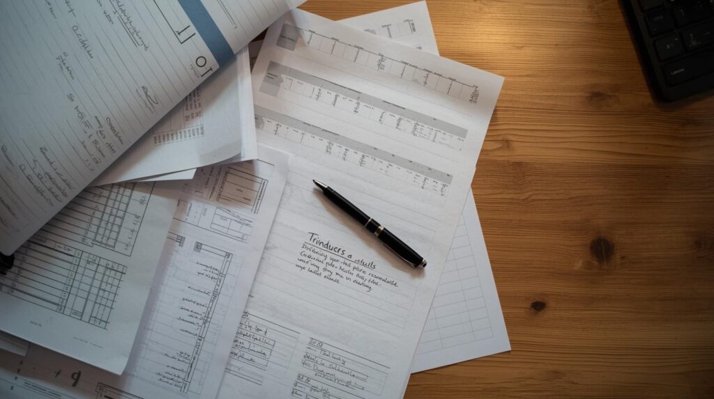 Documents and notes spread on desk for post-crisis internal debrief analysis with pen and timeline charts