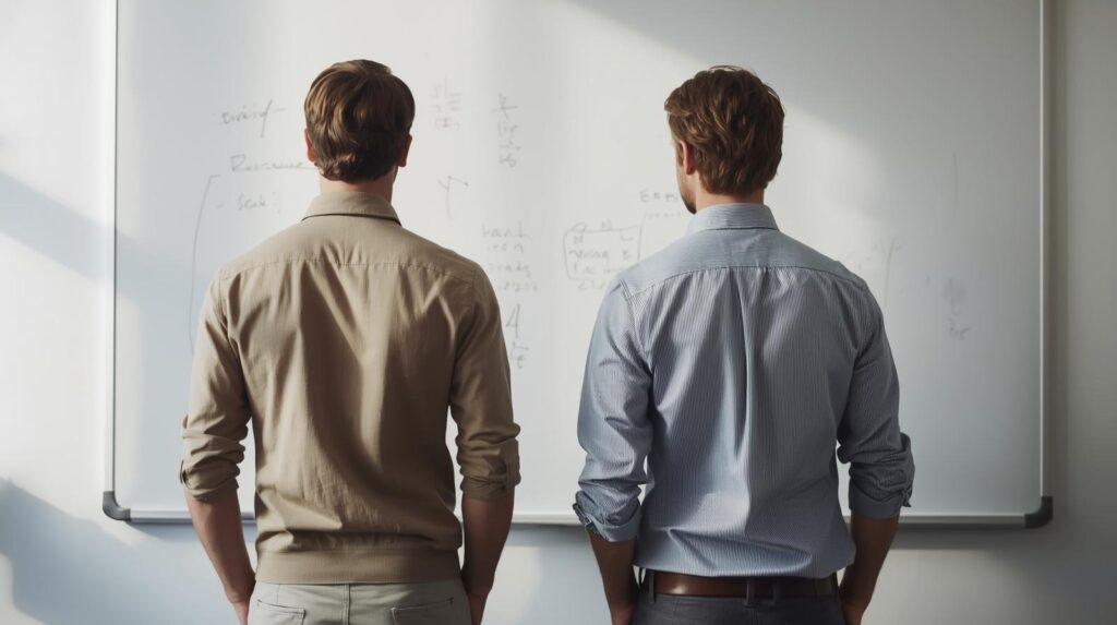 Two professionals analyzing whiteboard during post-crisis internal debrief session to review response effectiveness