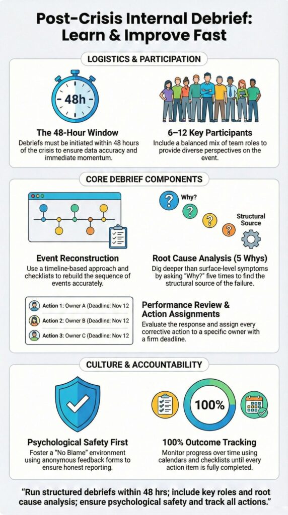 Infographic detailing post-crisis internal debrief framework with logistics, core components, and accountability