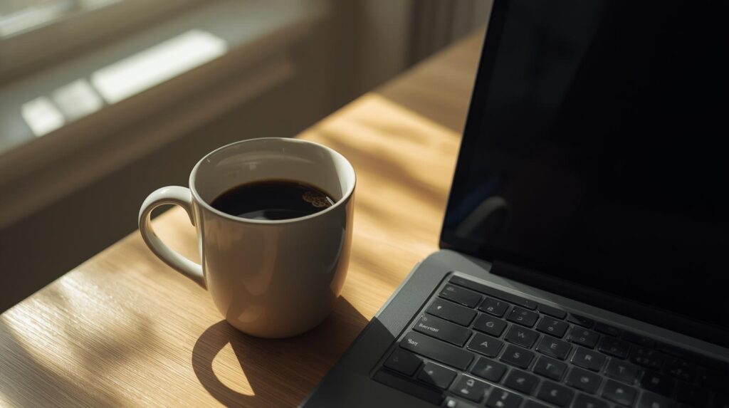 Coffee cup and laptop for drafting crisis response email templates in professional workspace setting