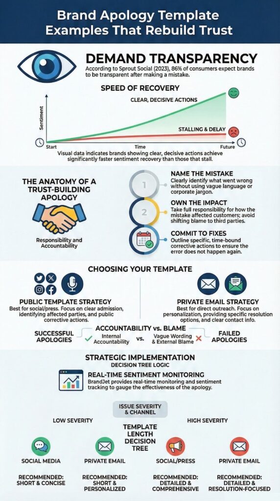 Infographic showing crisis response email templates framework with trust-building apology strategies and implementation guide
