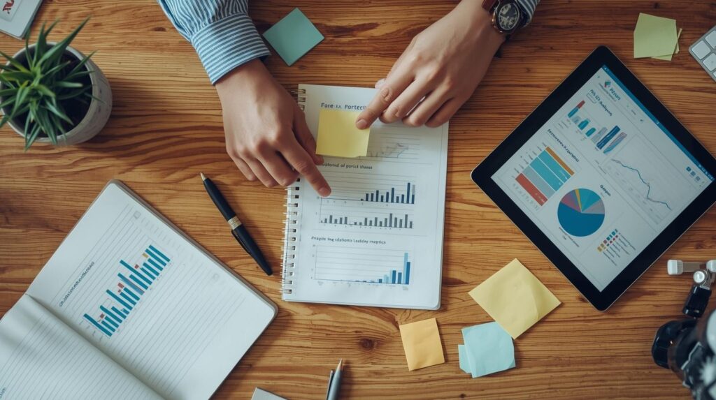 Team member reviewing performance charts and sticky notes on a wooden desk to improve prevention workflows and tracking