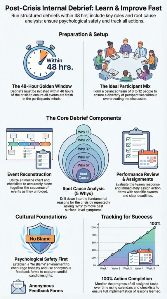 Post-crisis debrief framework using root cause analysis and no-blame culture to improve prevention workflows after incidents