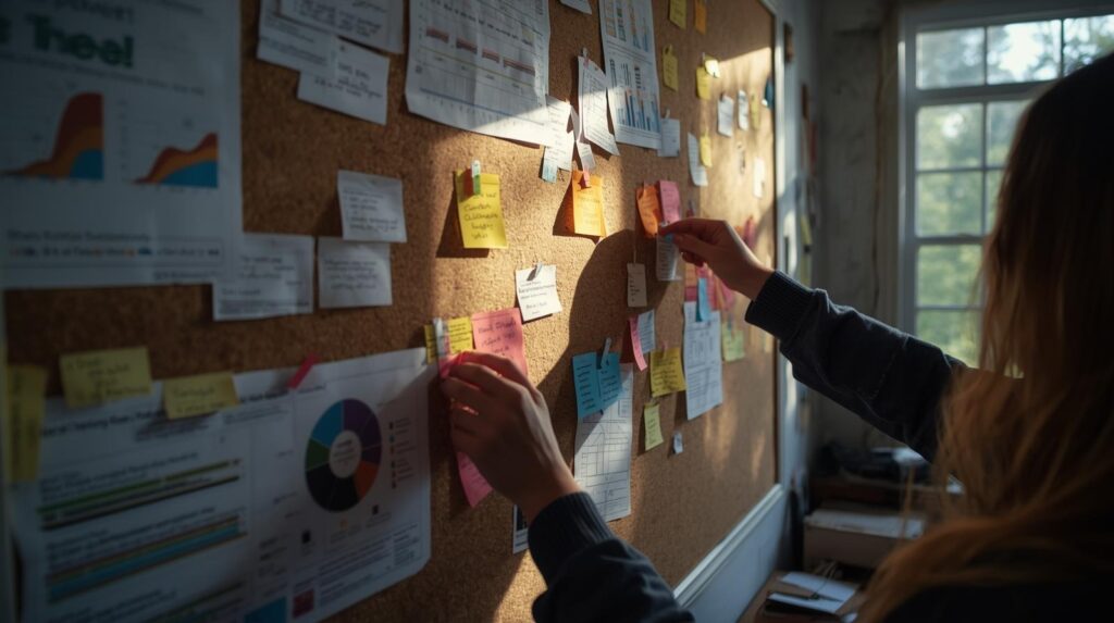 Strategist pinning colorful notes and charts on a cork board to map out a crisis recovery content strategy plan