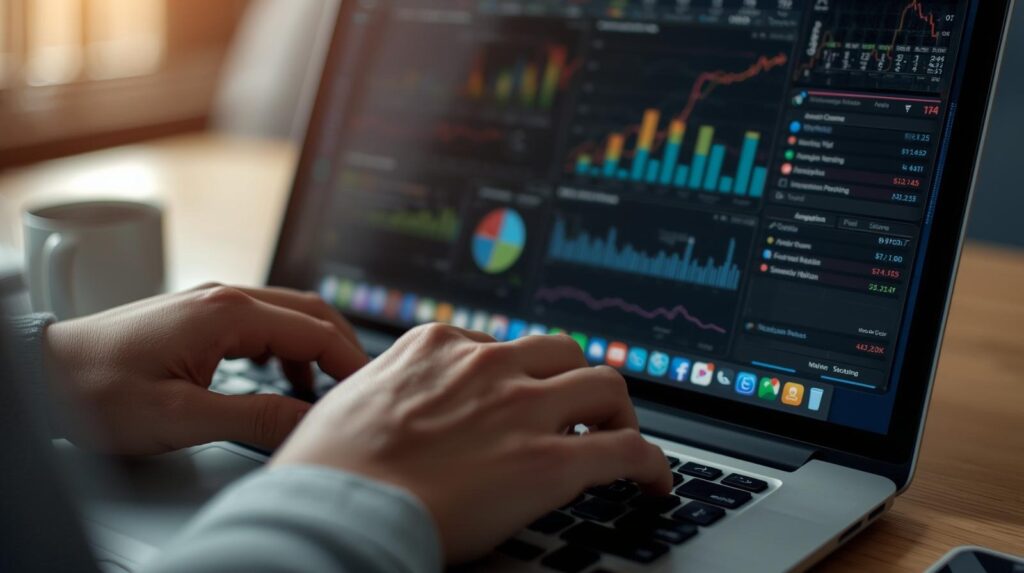 Marketer typing on laptop with colorful analytics dashboard tracking the performance of a crisis recovery content strategy