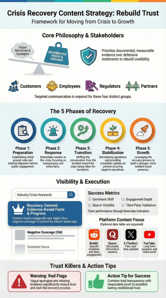 Five-phase framework infographic outlining a crisis recovery content strategy to rebuild trust and control search narratives