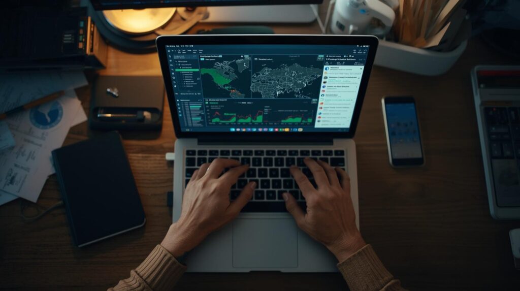 Analyst typing on laptop with live regional map dashboard open for monitoring and managing Geo-Specific Crisis Alerts