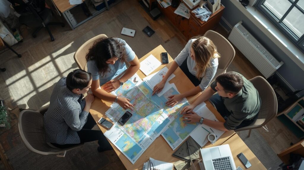Four team members pointing at a large regional map on a table to plan and coordinate Geo-Specific Crisis Alerts responses