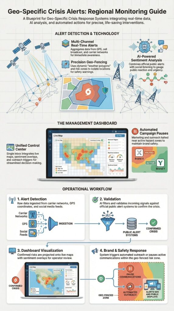Regional monitoring blueprint showing Geo-Specific Crisis Alerts with AI sentiment analysis and automated brand safety responses