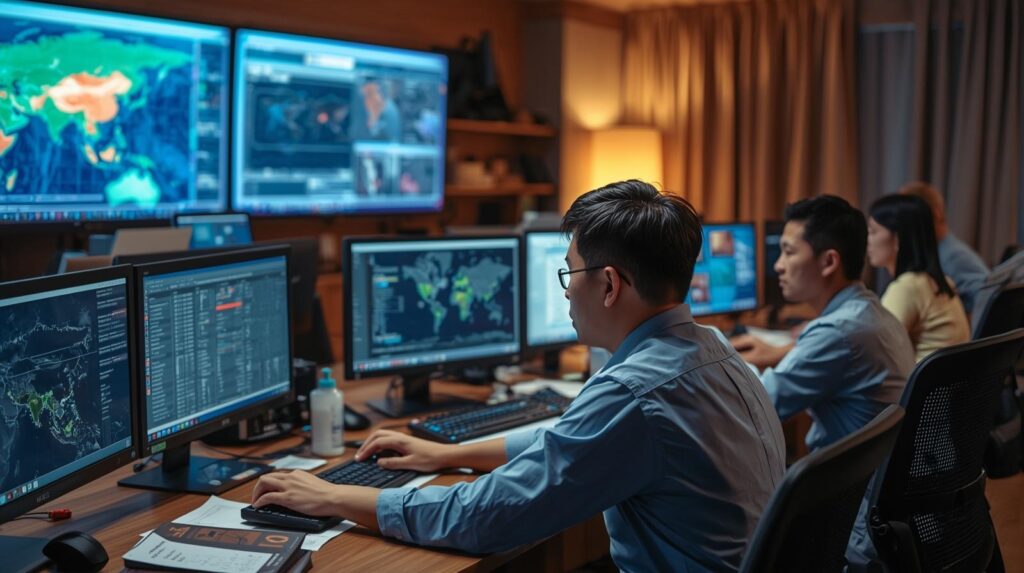 Analysts monitoring live global maps across multiple screens in a control room following a regional crisis detection guide