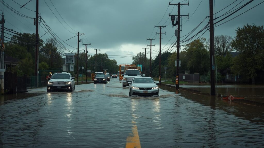 Cars driving through a flooded suburban road under dark storm clouds illustrating scenarios covered in a regional crisis detection guide