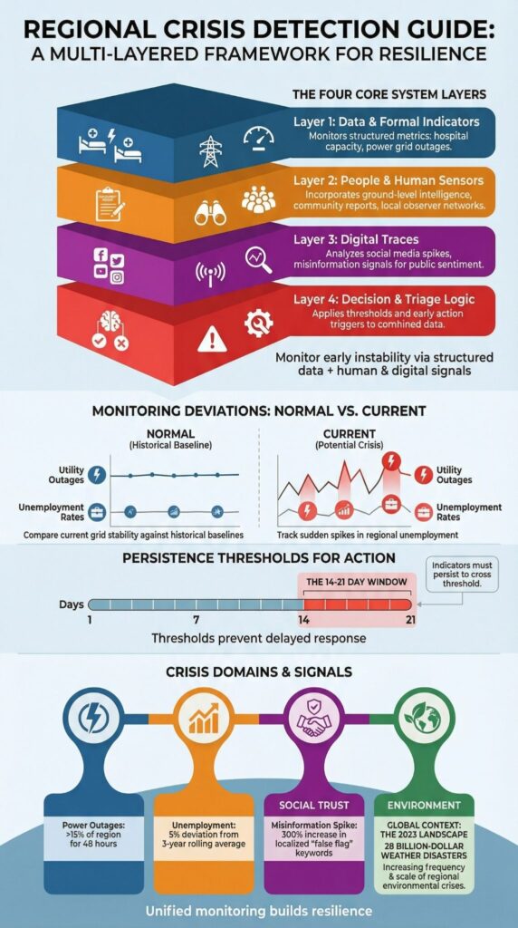 Four-layer framework infographic from a regional crisis detection guide covering data, human sensors, and triage logic