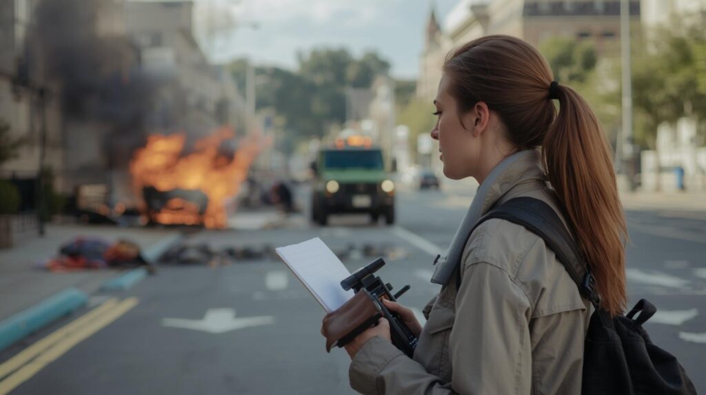Female field reporter holding a device near an urban fire scene feeding data into a local crisis reporting dashboard