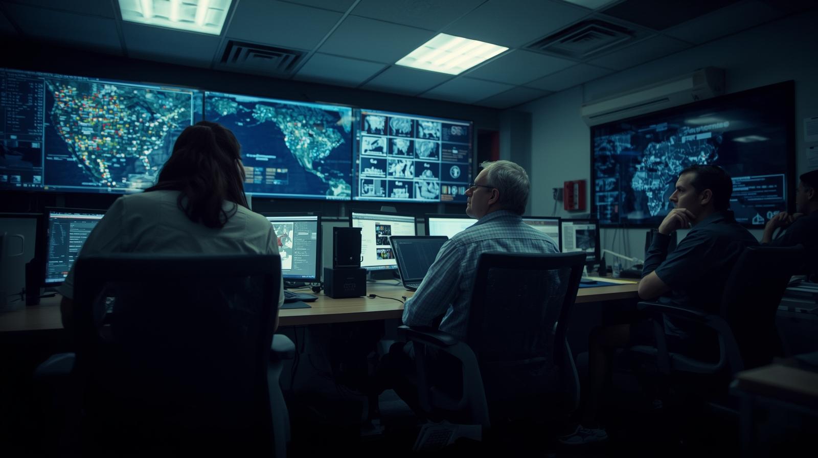 Emergency team monitoring large wall screens with live maps in a dark control room using a local crisis reporting dashboard