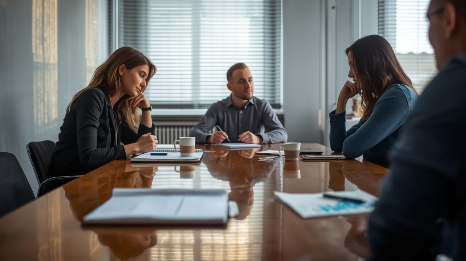 Team conducting post-crisis internal debrief meeting around conference table with notebooks and coffee cups