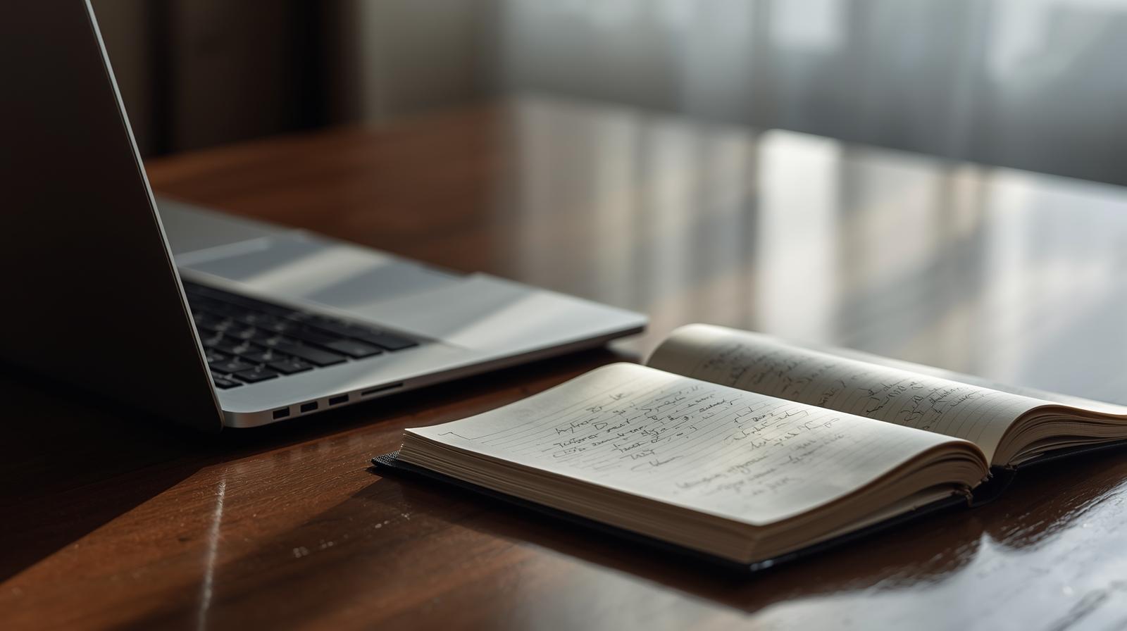 Open notebook and laptop workspace for planning strategies to prevent legal backlash during crisis situations