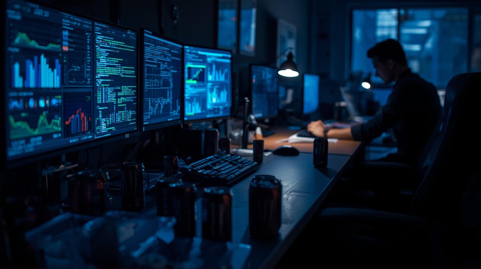 Analyst monitoring real-time escalation dashboard with multiple screens showing incident metrics and analytics