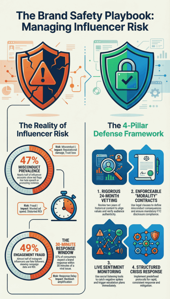 An infographic titled "The Brand Safety Playbook" detailing influencer risks and a "4-Pillar Defense Framework."