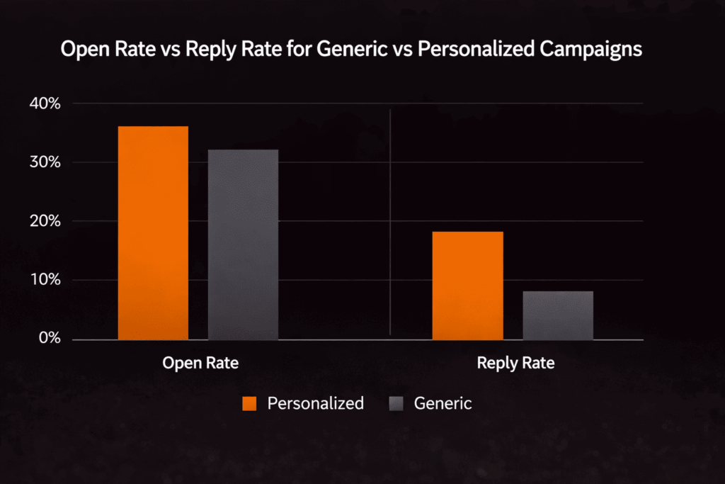 Bar chart comparing open and reply rates in cold email outreach for beginners using personalized vs generic campaigns