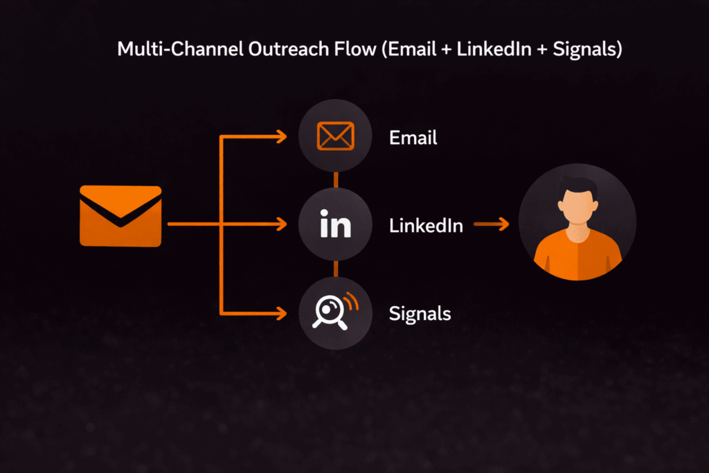Diagram showing cold email outreach for beginners using email, LinkedIn, and signals to reach prospects